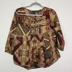 LRL Jeans Co Woman’s Brown Maroon Aztec 100% Cotton Pleated Blouse Size XS